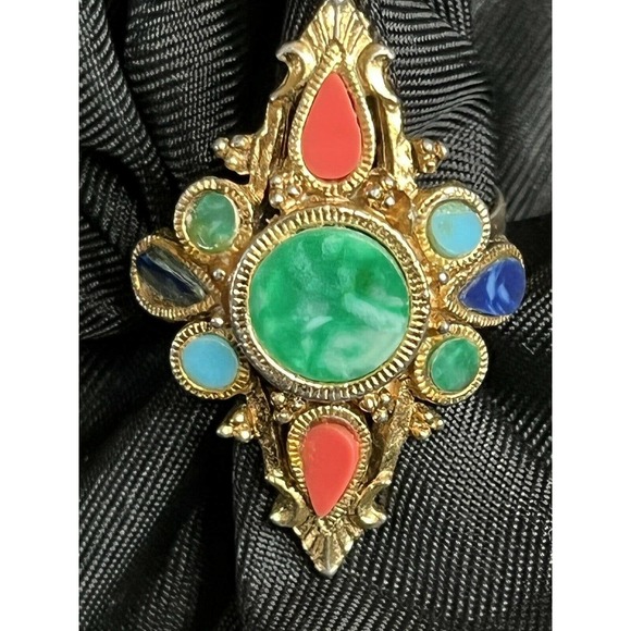 Vintage Mode Art Adjustable Ring Multi Gem Gold Tone Victorian Revival Style - Picture 5 of 12